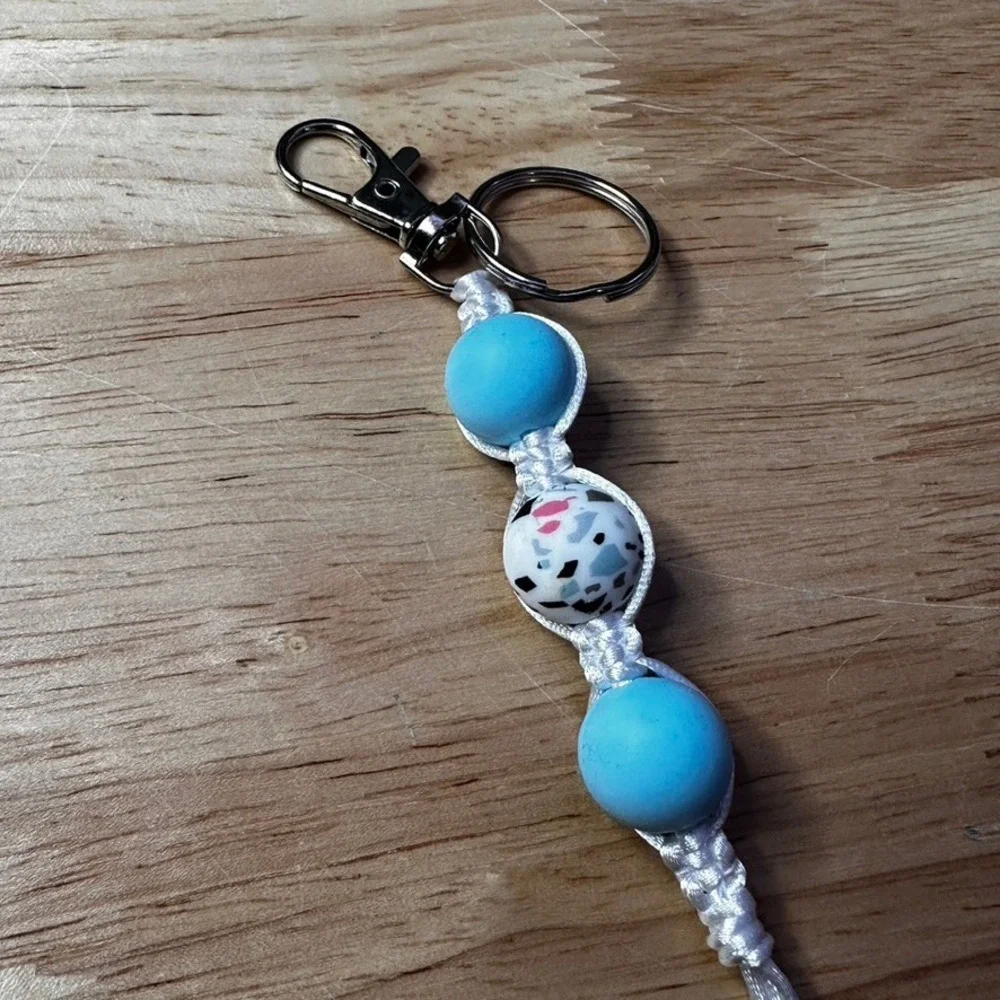 Handmade Macrame Silicone Bead Keychain Blue Terrazzo Boho Bag Charm Silver Tone